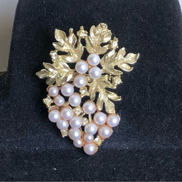 Vintage Mid-Century Amber Aurora Borealis Spray Brooch Pearl Flower Gold-Tone - Picture 3 of 7